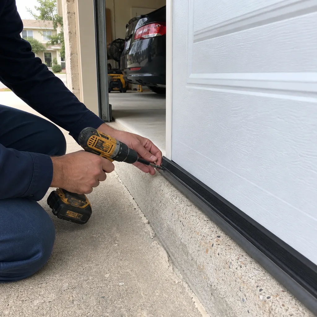 Professional technicians preparing garage door parts for installation