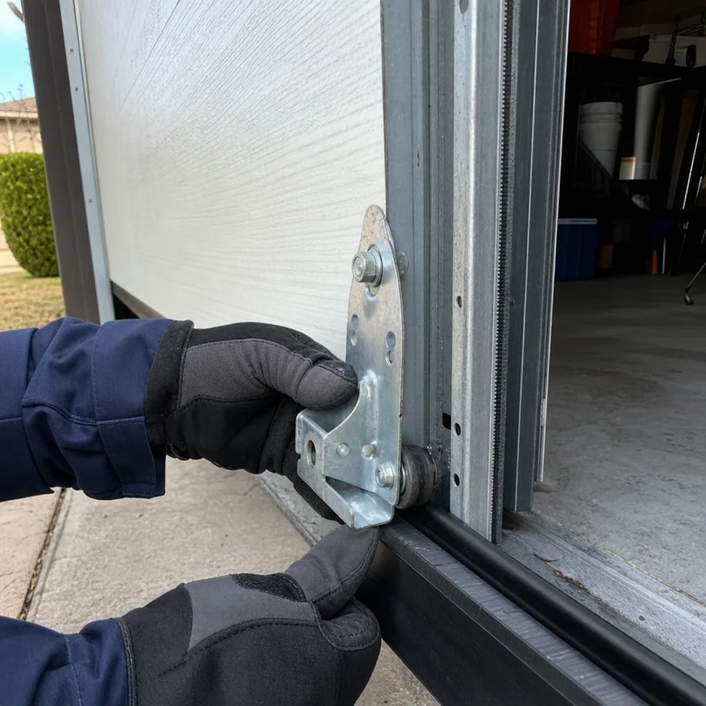 Technician performing garage door roller maintenance and hardware installation