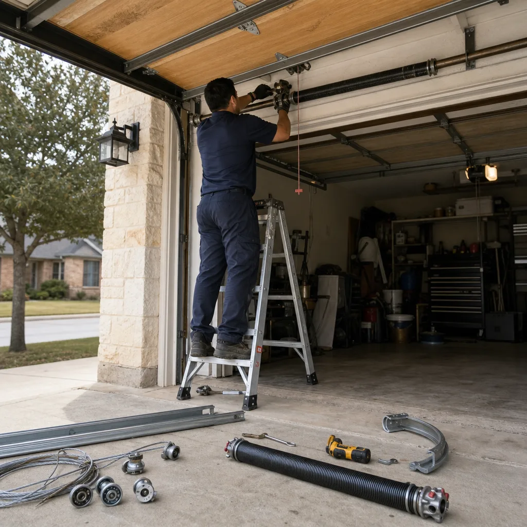 Professional technician repairing garage door bottom bracket and roller assembly