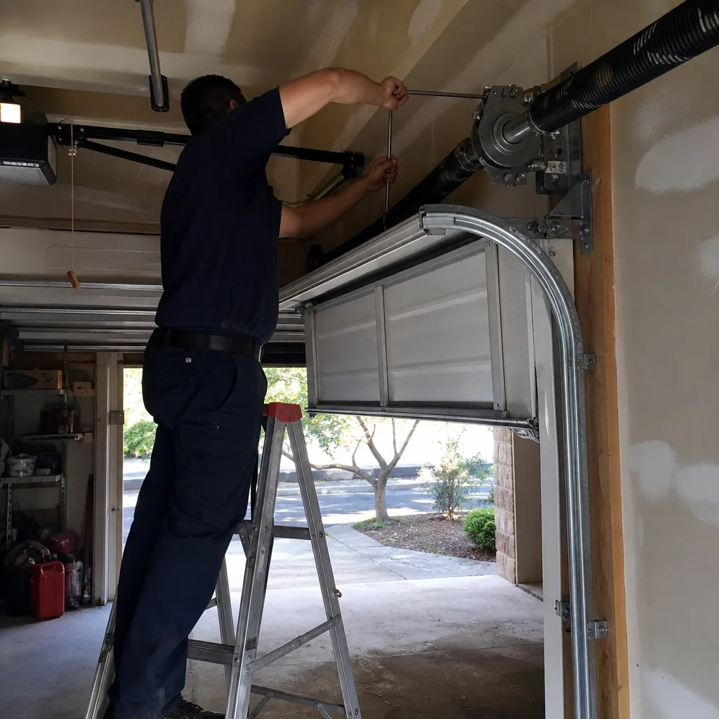 Technician performing professional garage door parts repair and maintenance