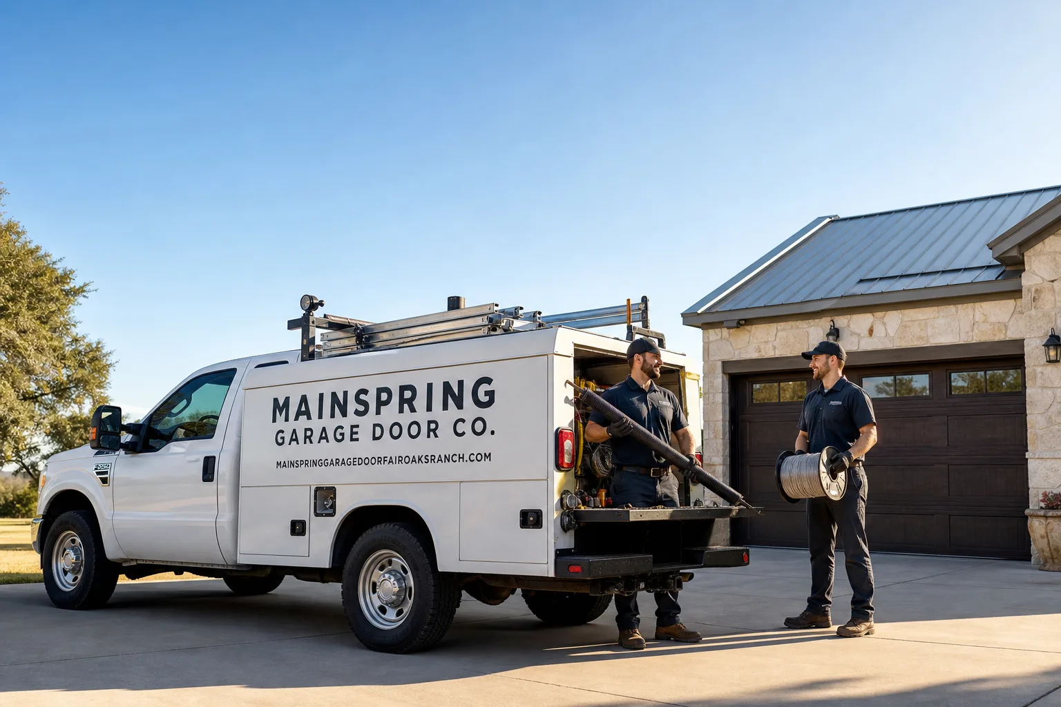 Mainspring Garage Door Co. garage door service vehicle and crew in Fair Oaks Ranch, TX